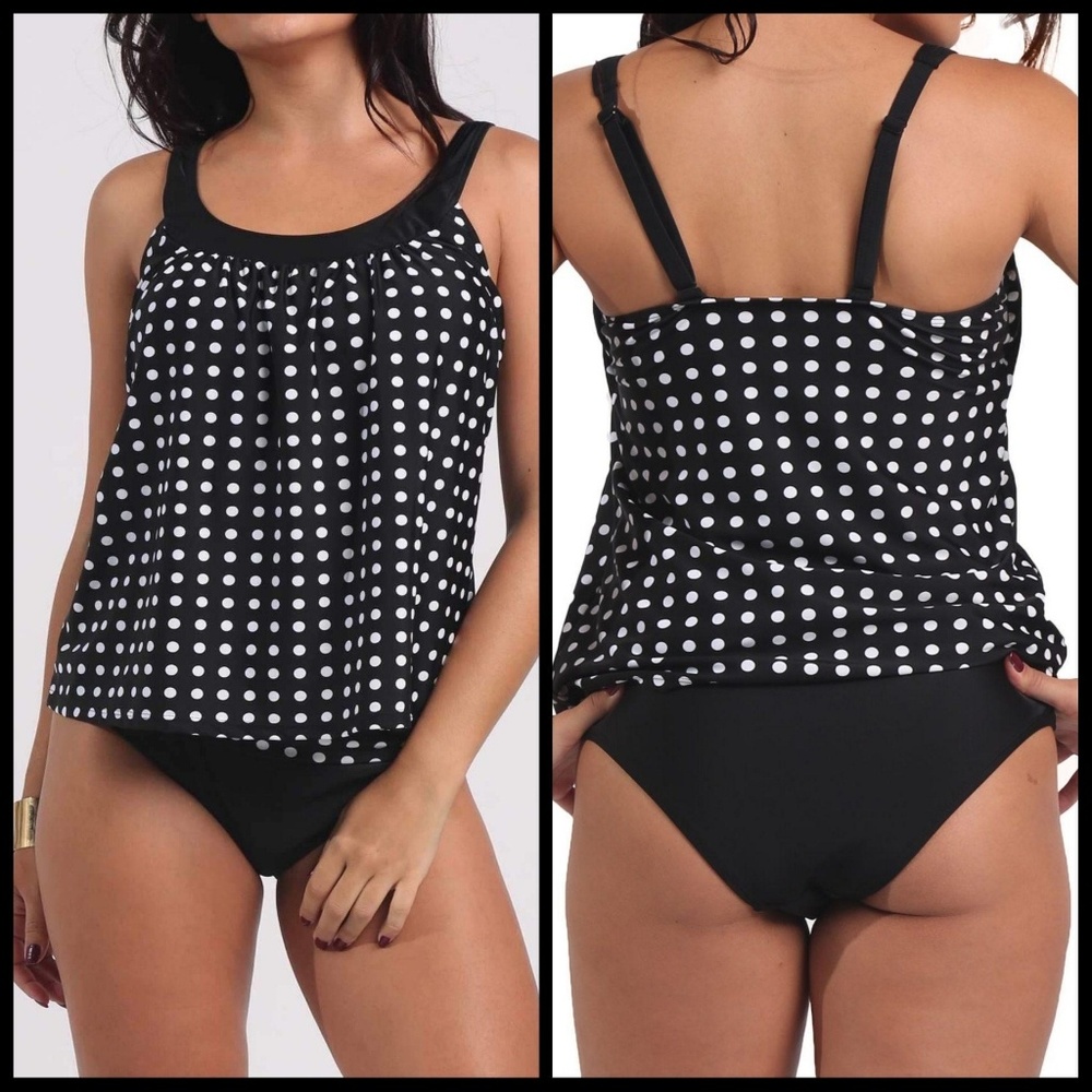 2 piece Tankini Bathing Suit Black/White polka dot